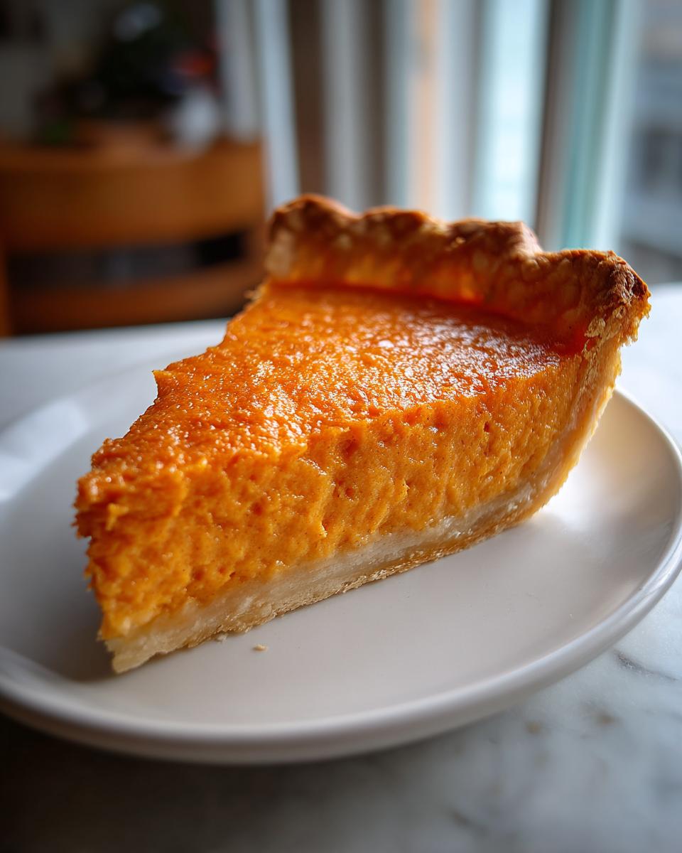 A close-up of a thick slice of velvety sweet potato pie resting on a white plate.