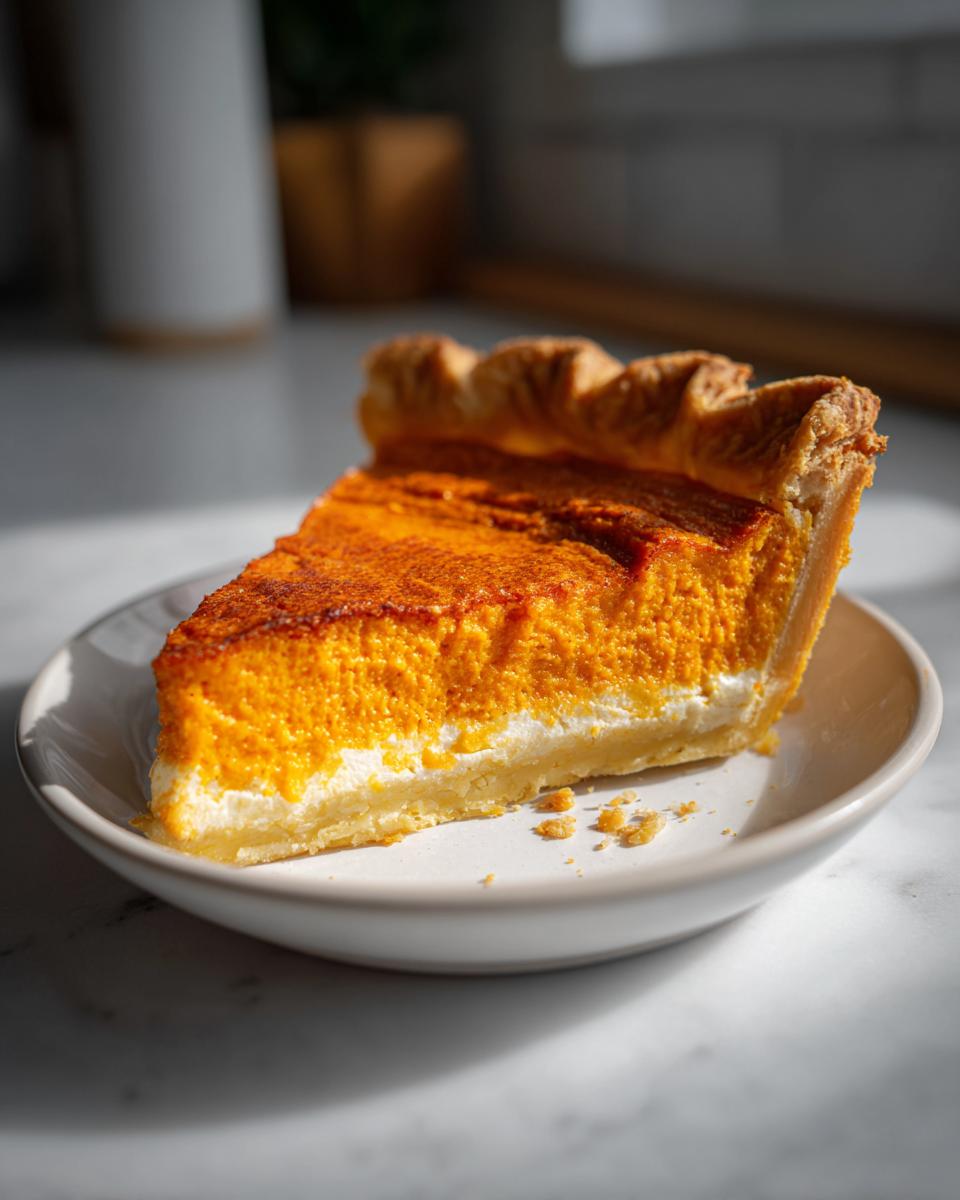A close-up slice of bright orange sweet potato pie showing a creamy white layer, served on a small white plate.