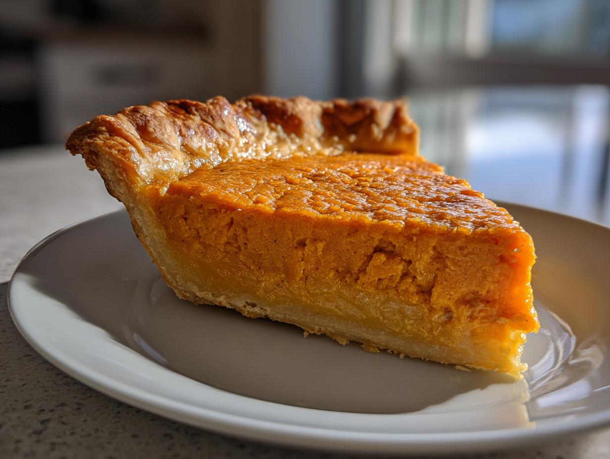 A close-up, sunlit slice of velvety sweet potato pie with a flaky crust on a white plate.
