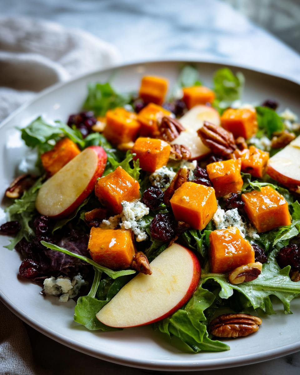 Close-up of a vibrant fall harvest salad featuring bright orange roasted squash cubes, apple slices, pecans, and blue cheese.