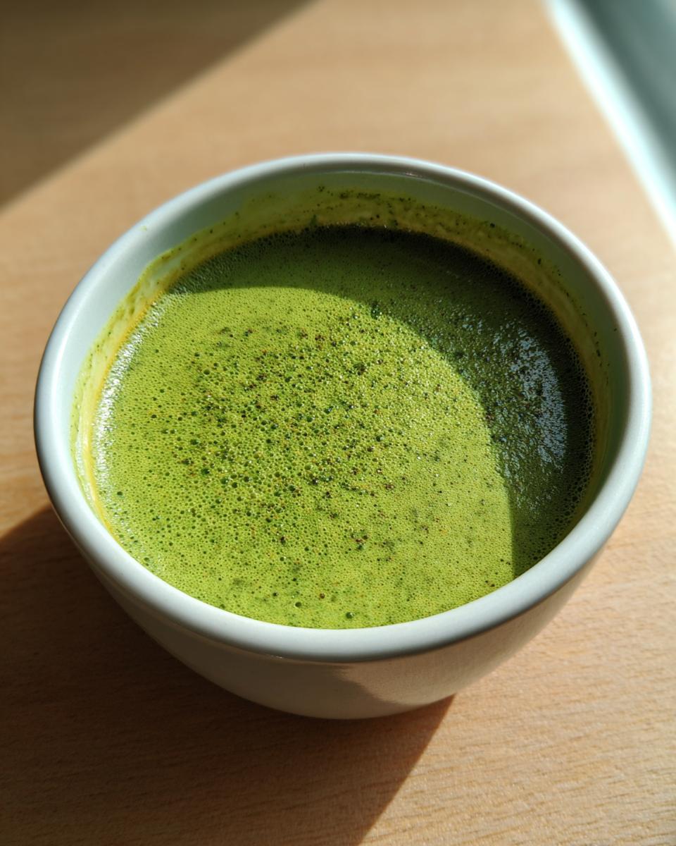 Close-up of vibrant green zucchini soup with a frothy top served in a white bowl on a wooden surface.