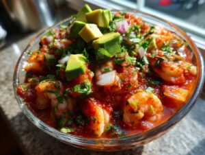 Close-up of a glass bowl filled with vibrant mexican shrimp cocktail, topped with avocado, onion, and cilantro.