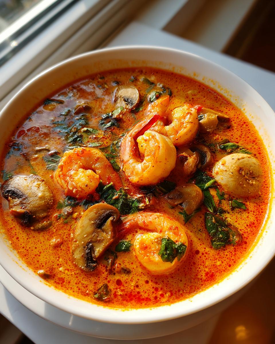 Close-up of a rich, orange-red bowl of tom yum soup filled with plump shrimp and sliced mushrooms.