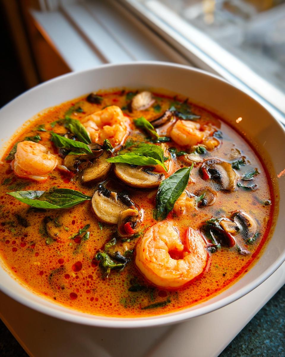 Close-up of a vibrant, creamy orange tom yum soup filled with large shrimp, sliced mushrooms, and fresh basil leaves.