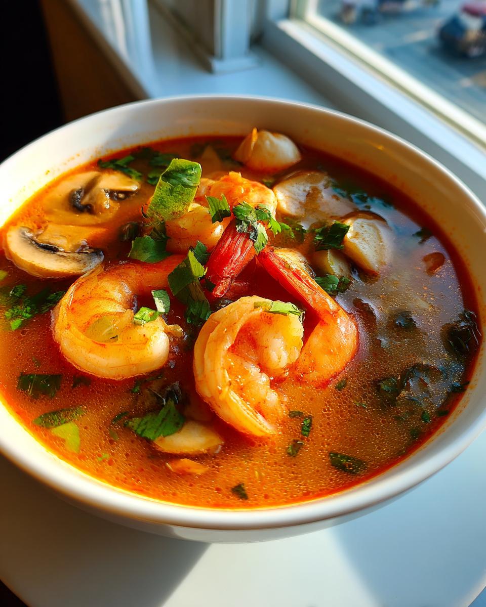 Close-up of a steaming bowl of bright orange tom yum soup featuring large shrimp and sliced mushrooms.