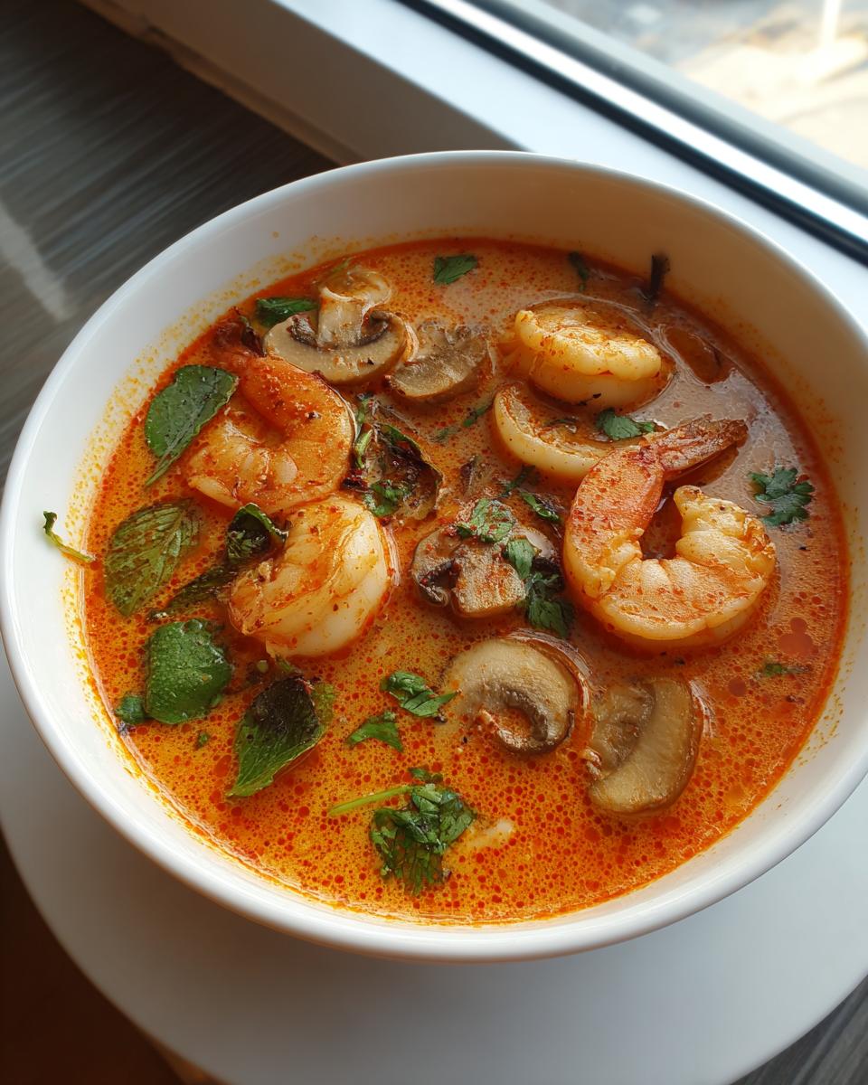 Close-up overhead view of a steaming white bowl filled with rich, orange-red tom yum soup, featuring large shrimp and sliced mushrooms.