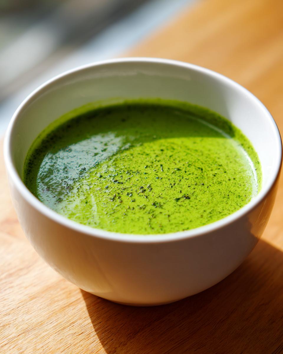 Close-up of a bowl of bright green, creamy zucchini soup garnished with fine green specks.