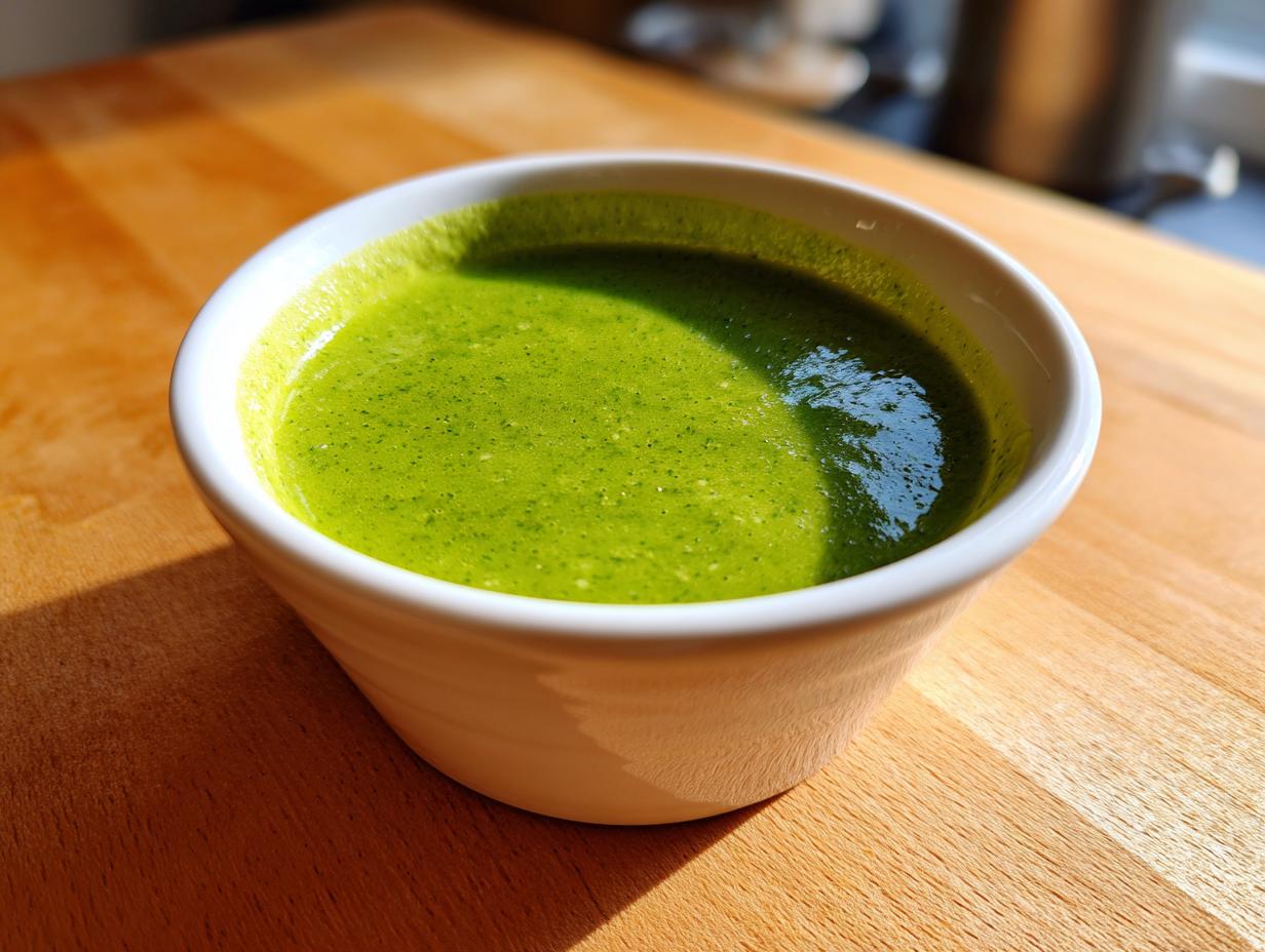 A close-up of vibrant green zucchini soup served in a small white bowl on a wooden cutting board.