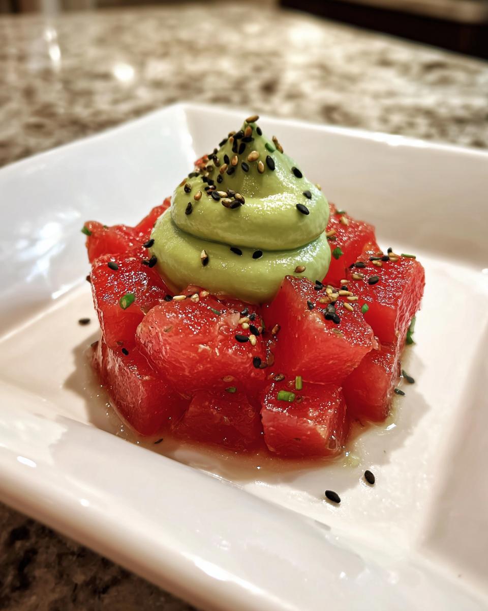 Close-up of cubed watermelon base topped with avocado crema and sesame seeds, resembling tuna tartare.