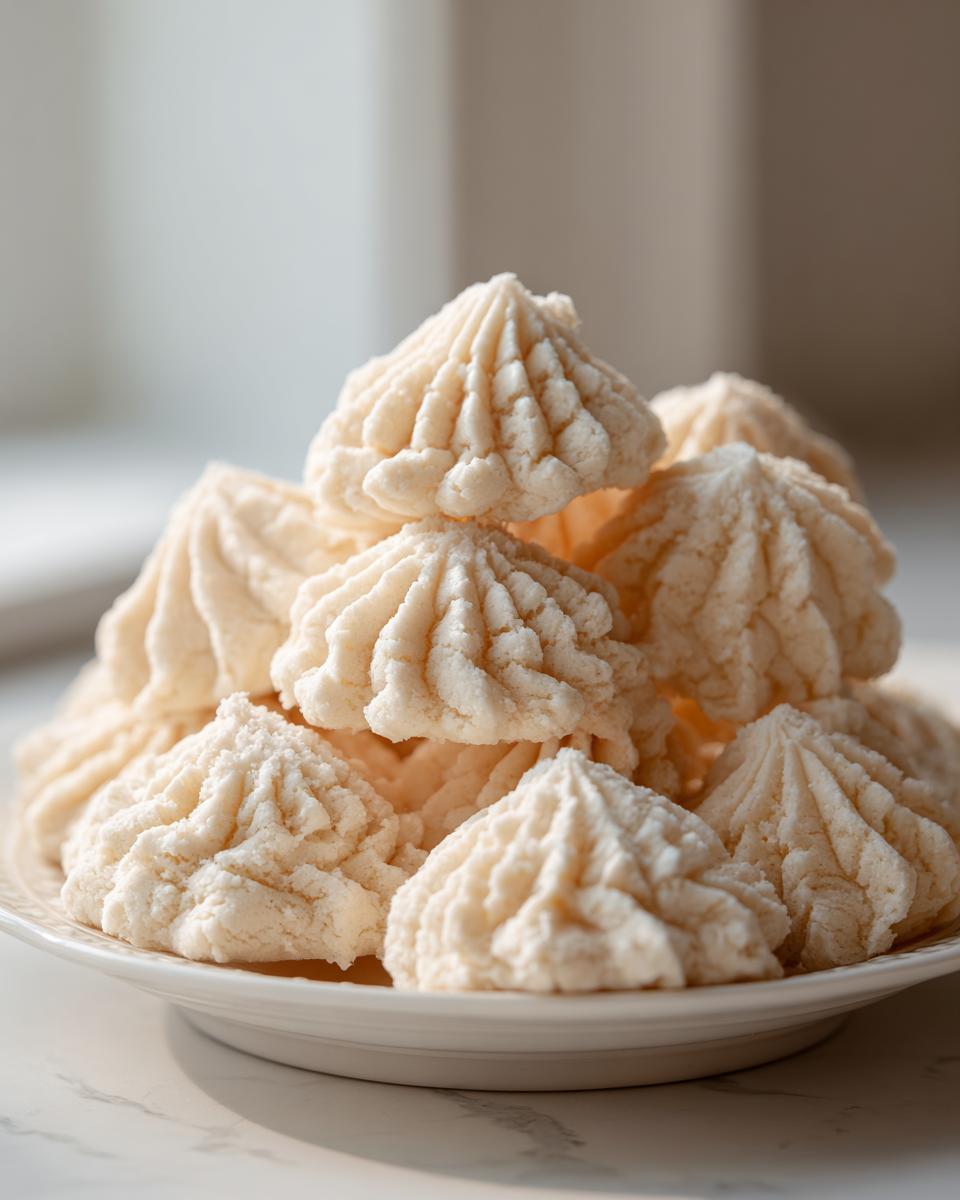 A close-up of a mound of pale, piped whipped shortbread cookies stacked on a white plate.