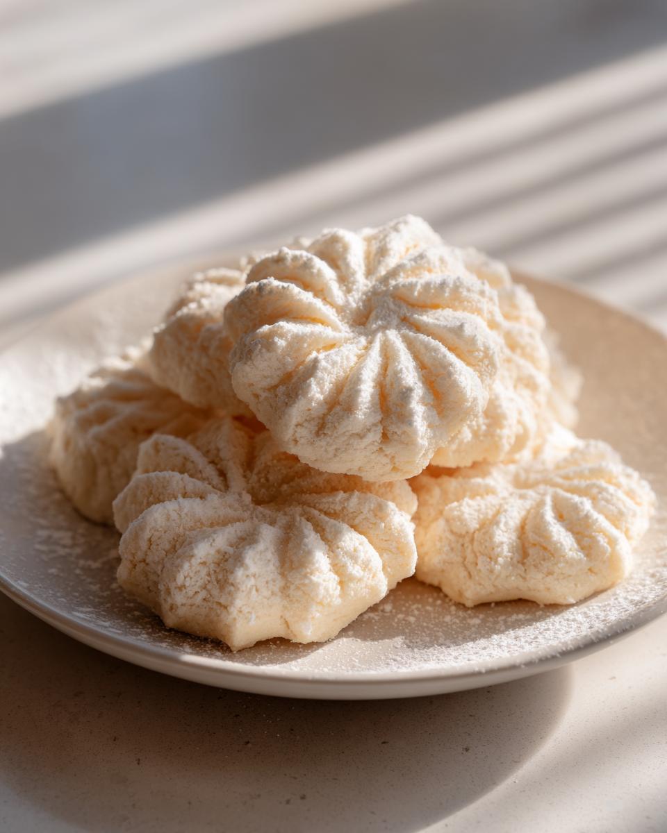 A stack of light, delicate whipped shortbread cookies dusted with powdered sugar on a white plate.