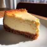 A close-up of a creamy slice of white chocolate cheesecake with a golden-brown graham cracker crust.