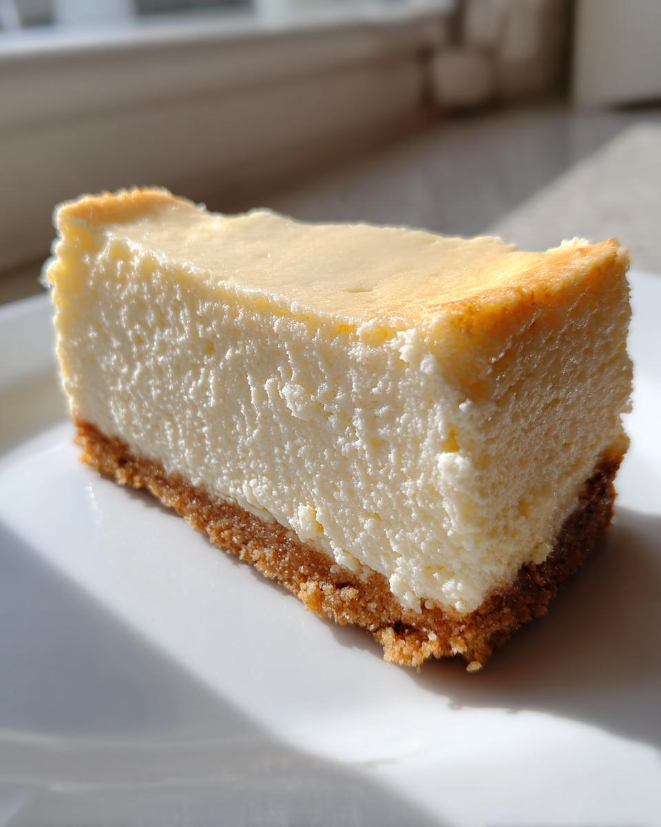 A close-up shot of a thick slice of creamy white chocolate cheesecake with a graham cracker crust, sitting on a white plate.