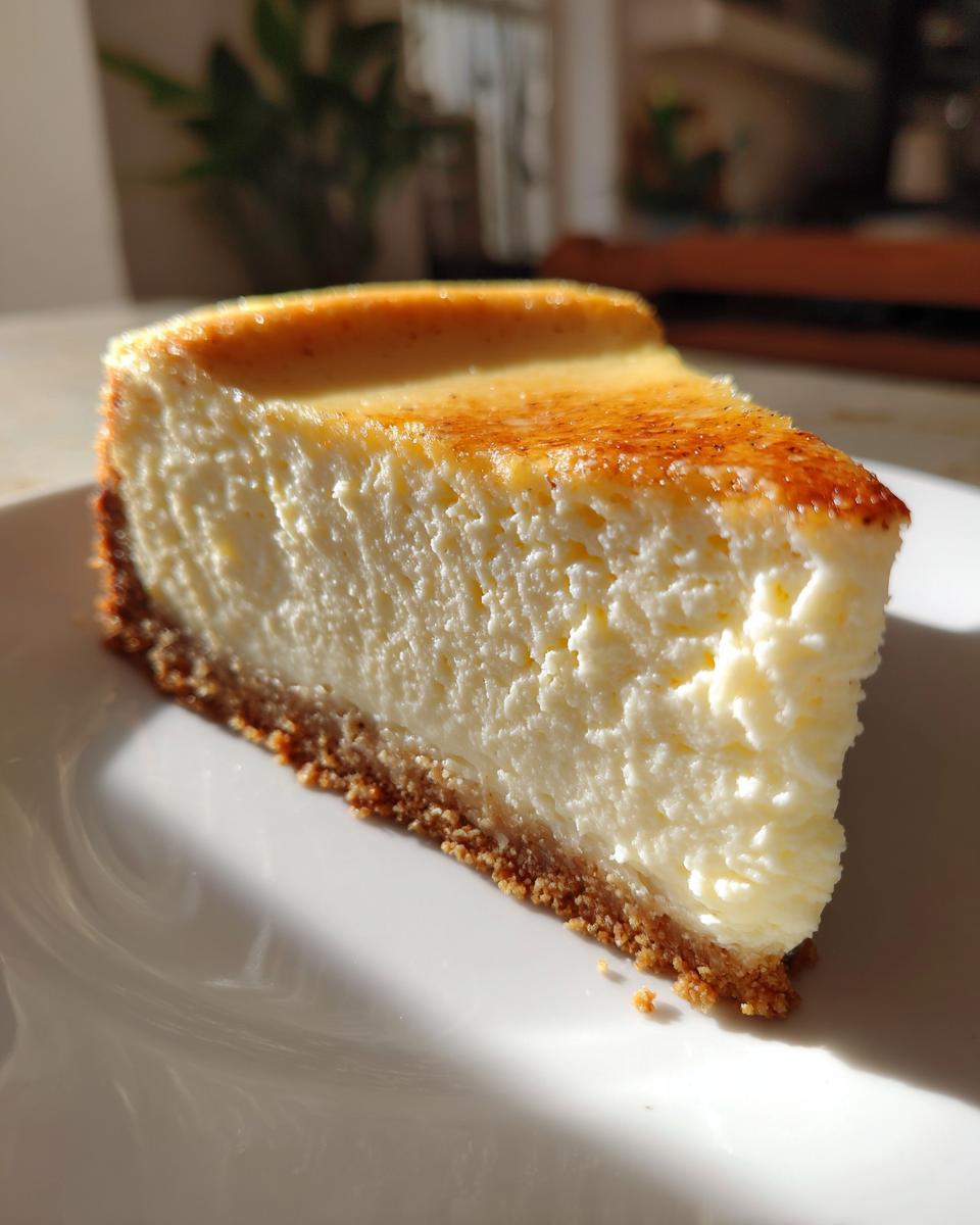 A close-up slice of creamy white chocolate cheesecake with a graham cracker crust and a lightly torched top.