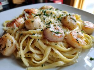 A close-up of creamy seafood pasta featuring perfectly seared scallops, topped with Parmesan and parsley.