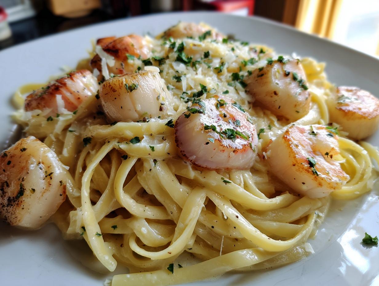 A close-up of creamy seafood pasta featuring perfectly seared scallops, topped with Parmesan and parsley.