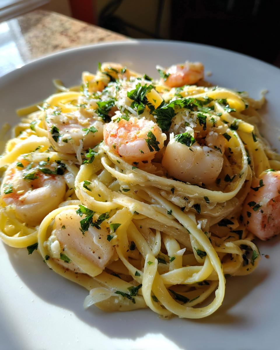 A close-up serving of creamy seafood pasta featuring fettuccine, shrimp, scallops, and fresh parsley garnish.