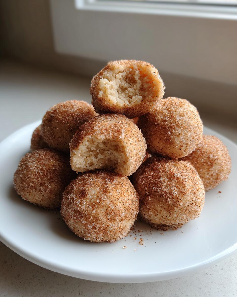A stack of soft, round cinnamon sugar snowball cookies on a white plate, one broken open.