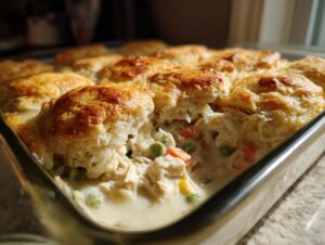 Close-up of a serving dish showing creamy chicken pot pie with biscuits topping, revealing shredded chicken and vegetables.