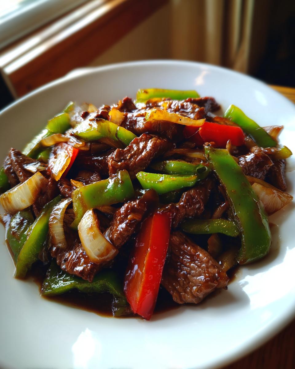 A close-up of freshly cooked pepper steak featuring tender beef strips, green bell peppers, red peppers, and onions coated in a dark savory sauce.