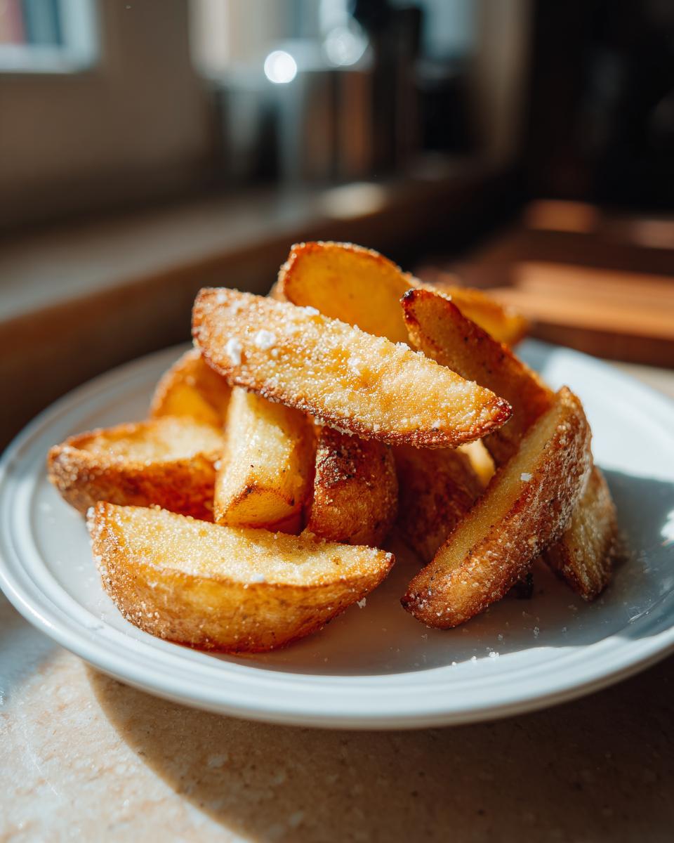 A close-up of crispy, golden baked potato wedges seasoned with salt, served on a white plate.