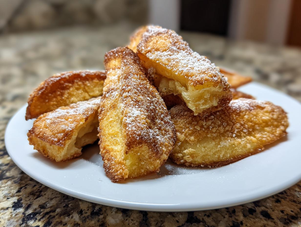 A close-up of golden brown, crispy potato wedges dusted with powdered sugar on a white plate.