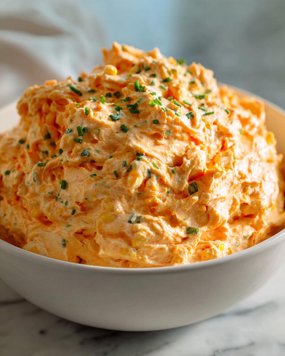 A close-up of creamy, orange-colored boat dip topped with chopped green chives in a white bowl.