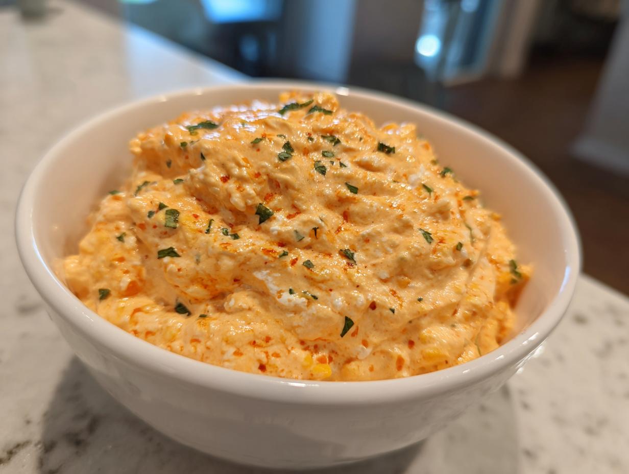 Close-up of creamy, orange-colored boat dip topped with green herbs in a white serving bowl.