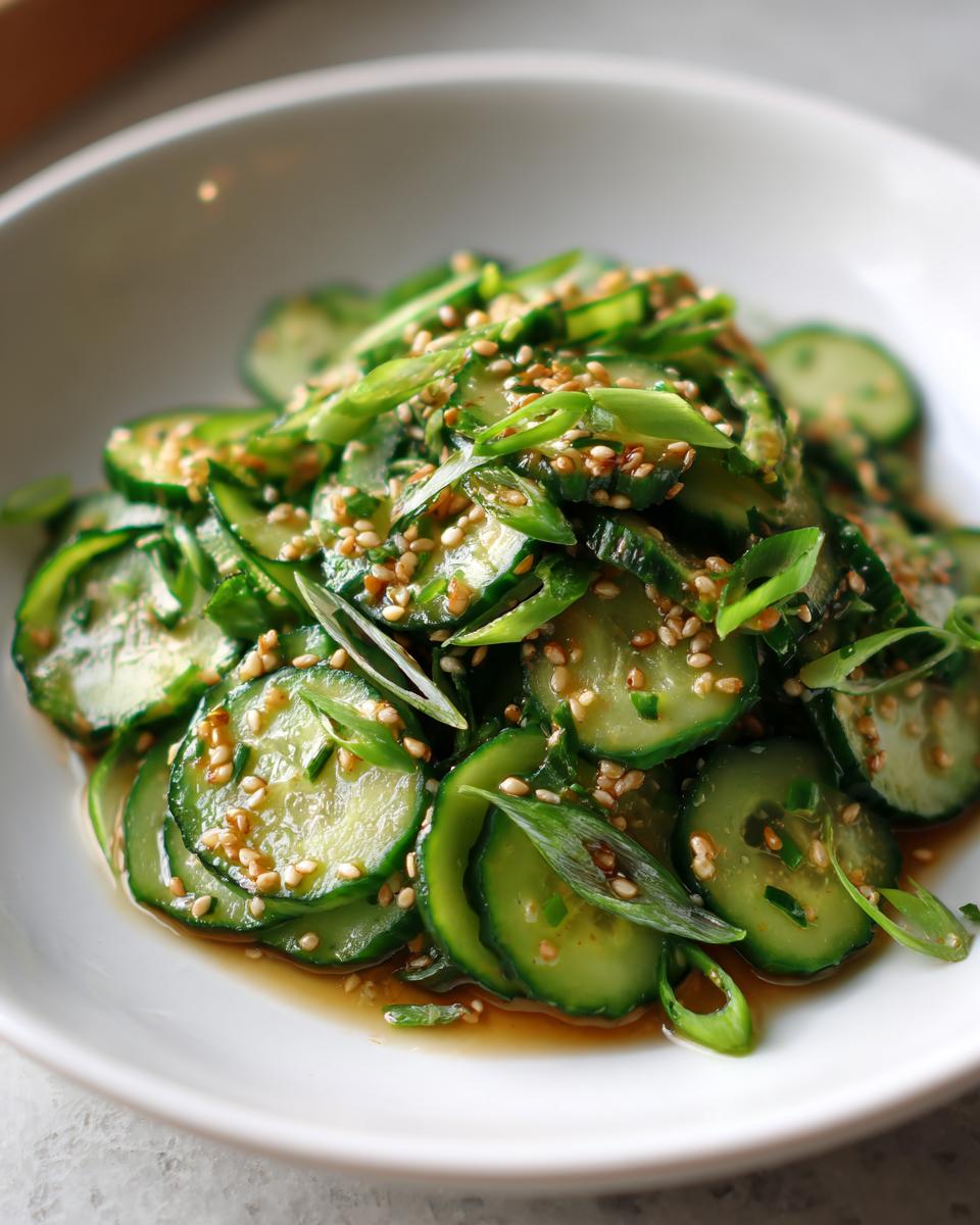 Close-up of vibrant Asian cucumber salad slices tossed in dressing and topped with sesame seeds and green onions.