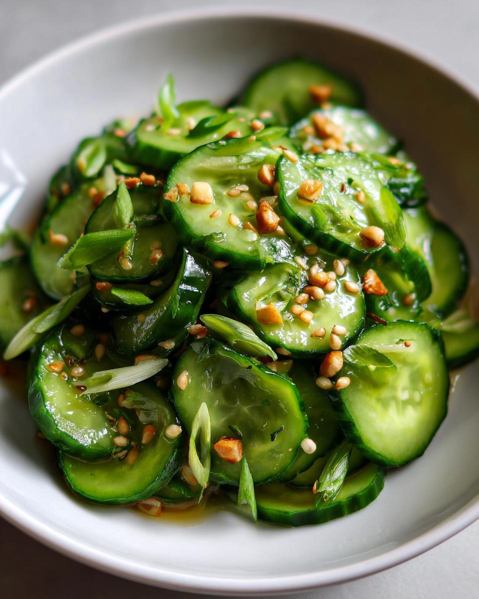 Close-up of vibrant green slices in an amazing asian cucumber salad, topped with sesame seeds and chopped peanuts.