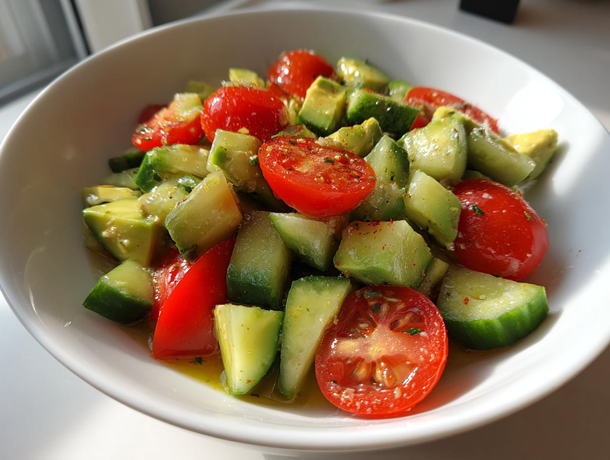 Close-up of a vibrant avocado salad featuring diced avocado, cucumber, and halved cherry tomatoes in a white bowl.