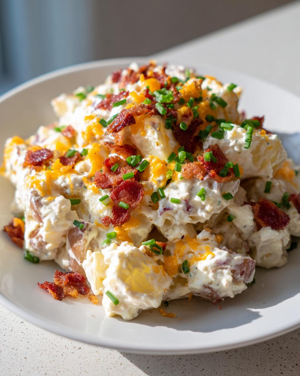 A creamy bowl of baked potato salad topped generously with crumbled bacon, shredded cheddar cheese, and fresh chives.