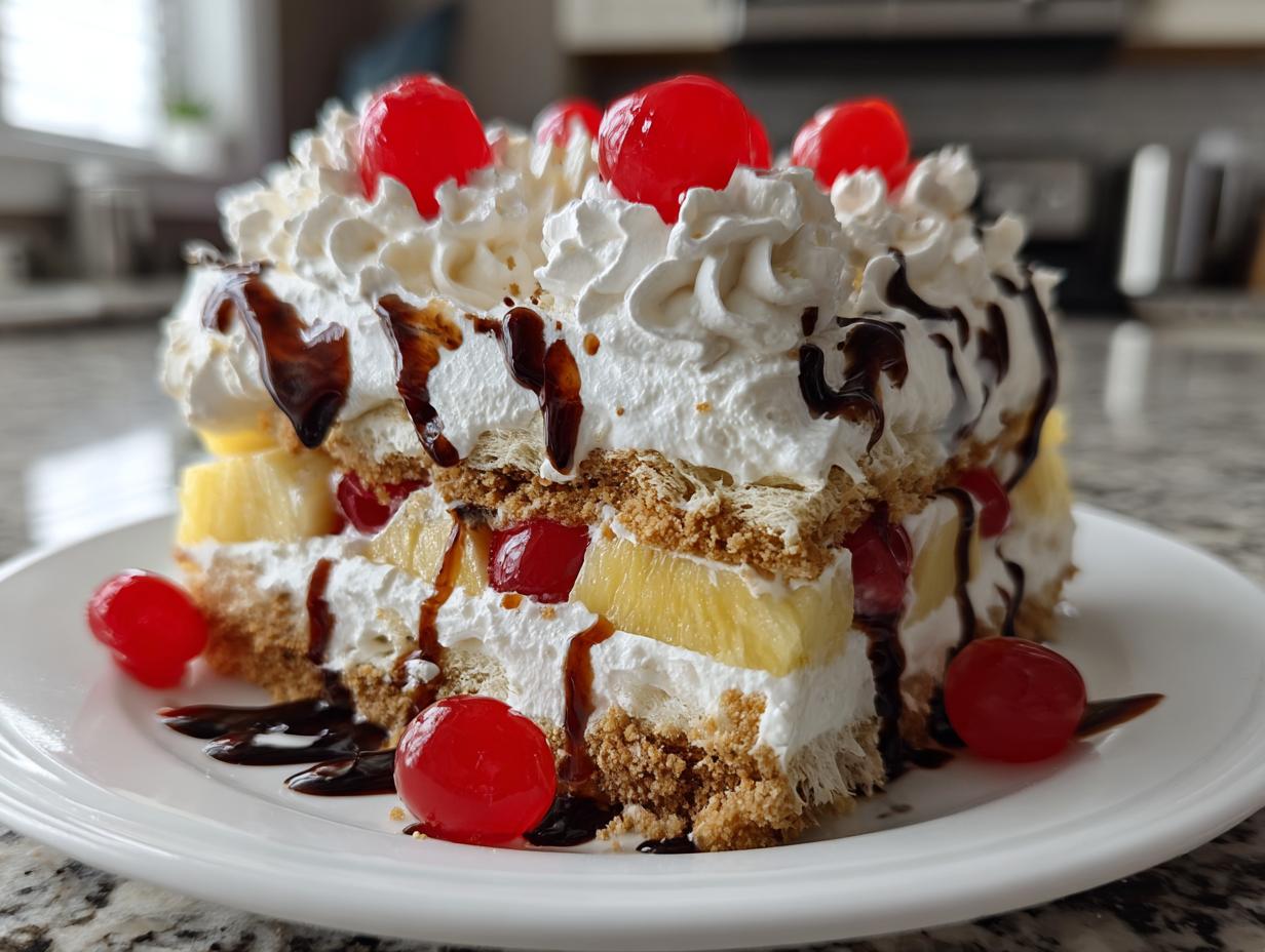 A decadent slice of banana split cake featuring layers of whipped cream, pineapple, cherries, and graham cracker crust, drizzled with chocolate.