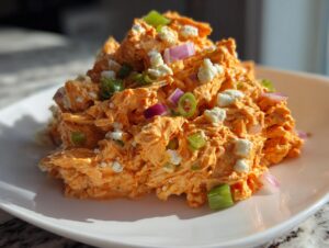 A mound of vibrant orange buffalo chicken salad topped with crumbled blue cheese, red onion, and green onion slices.