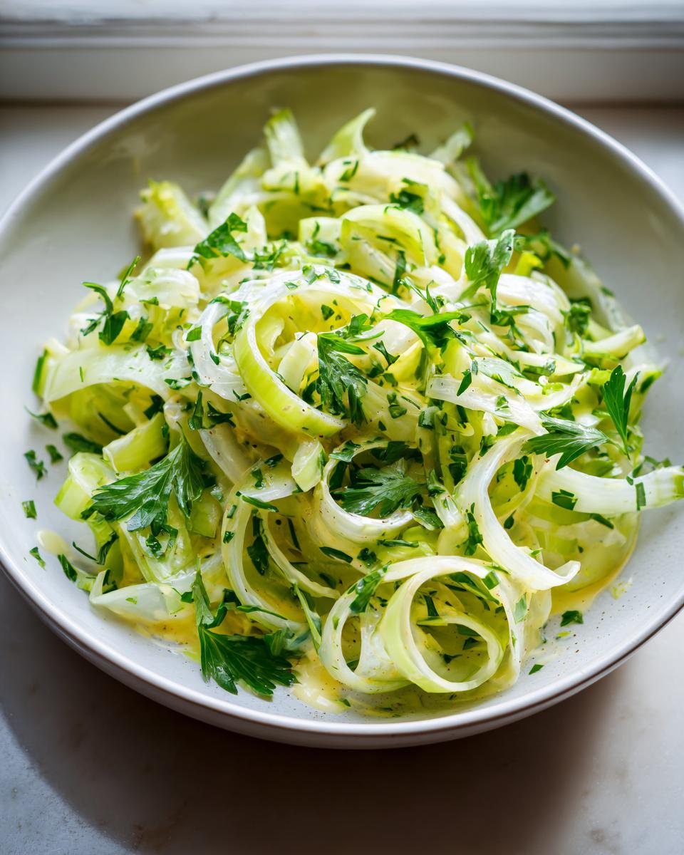 Close-up of a bowl of crisp celery salad tossed in a light, creamy dressing and topped with fresh parsley.