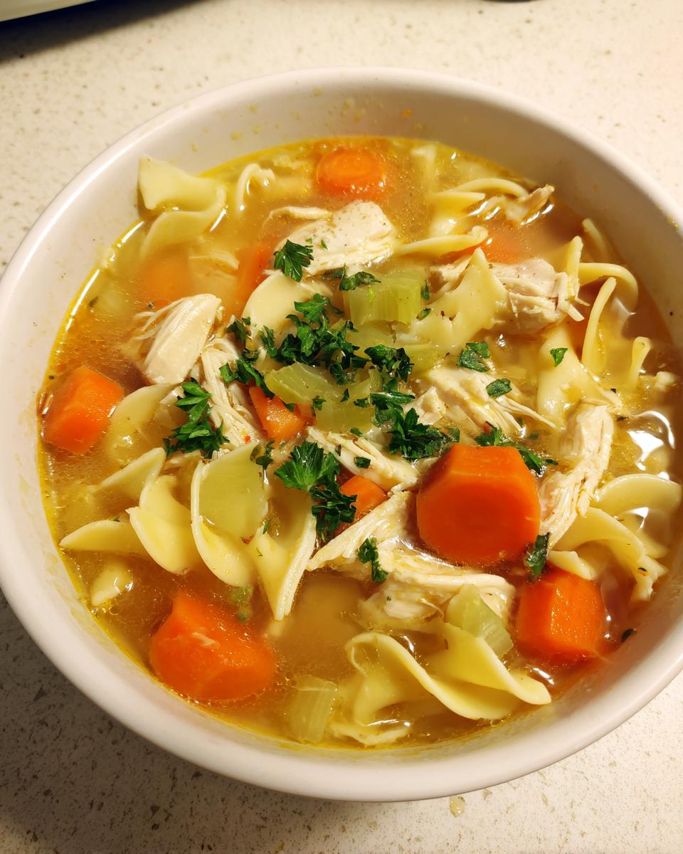 Close-up of a white bowl filled with homemade chicken noodle soup, featuring shredded chicken, egg noodles, carrots, and parsley.
