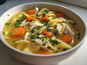 Close-up of a hearty bowl of amazing chicken noodle soup featuring shredded chicken, bright orange carrots, and egg noodles in savory broth.