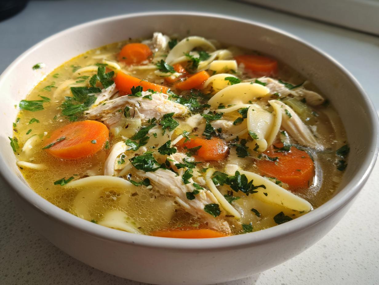 Close-up of a hearty bowl of amazing chicken noodle soup featuring shredded chicken, bright orange carrots, and egg noodles in savory broth.