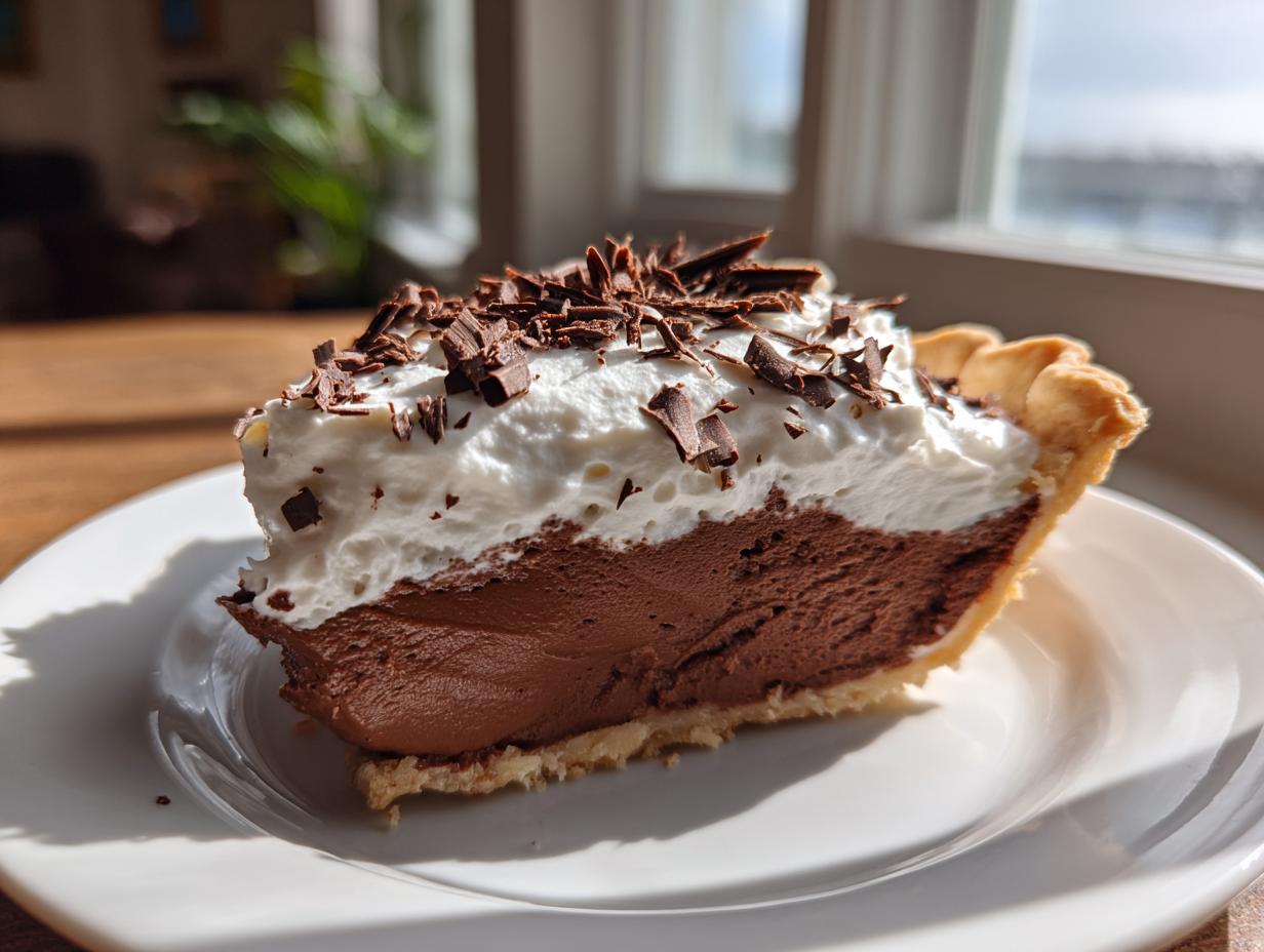 A decadent slice of chocolate cream pie topped with whipped cream and chocolate shavings, sitting on a white plate.