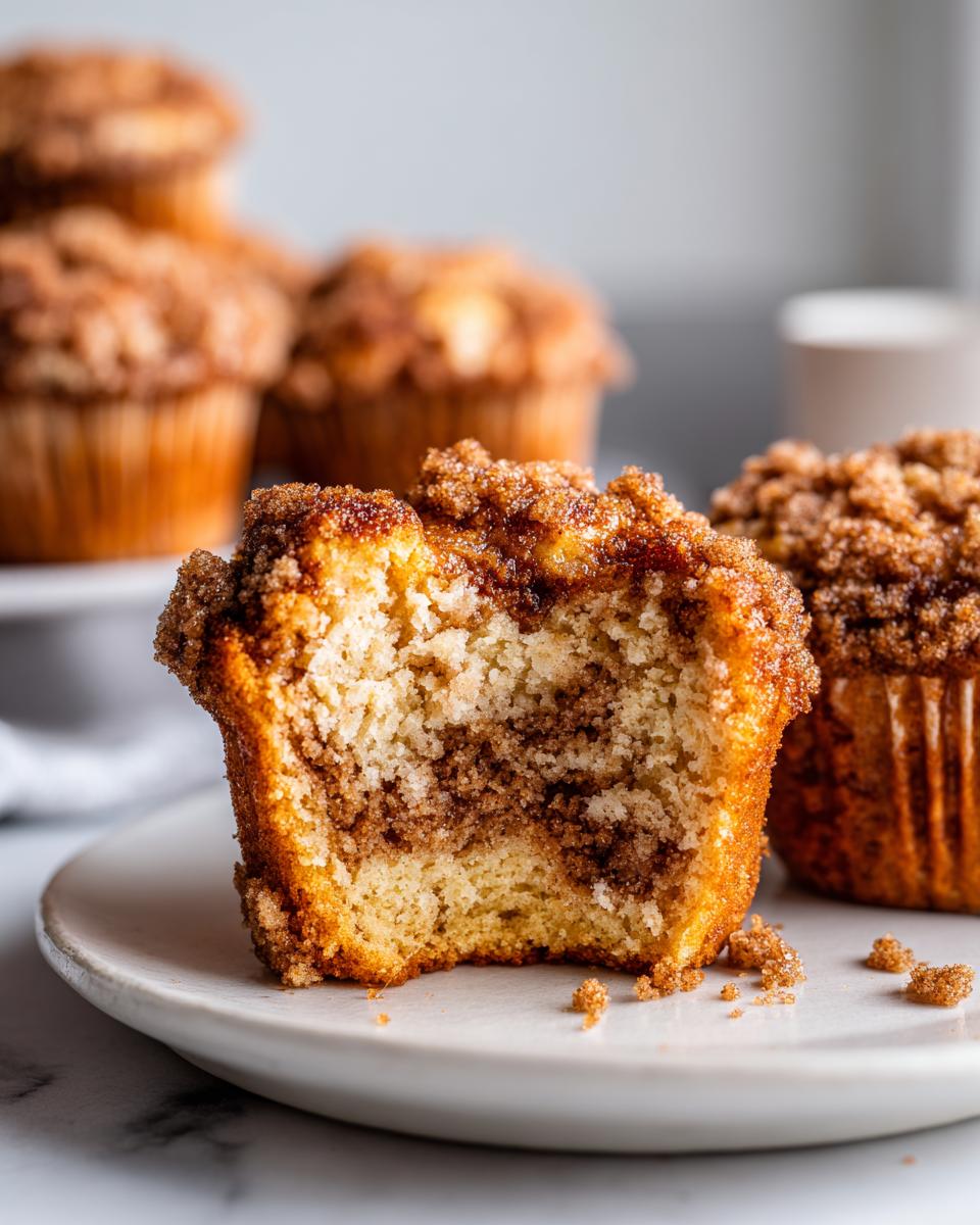 Close-up of amazing coffee cake muffins cut in half showing cinnamon swirl and thick streusel topping.