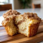 Close-up of a coffee cake muffin cut in half showing the moist interior and cinnamon swirl, topped with streusel.