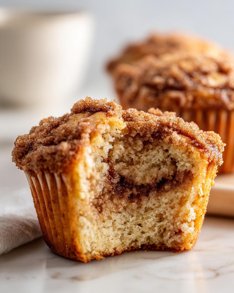 A coffee cake muffin cut in half showing a moist interior and thick cinnamon streusel topping.