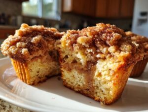 Close-up of a coffee cake muffin cut in half showing the moist crumb and thick cinnamon streusel topping.