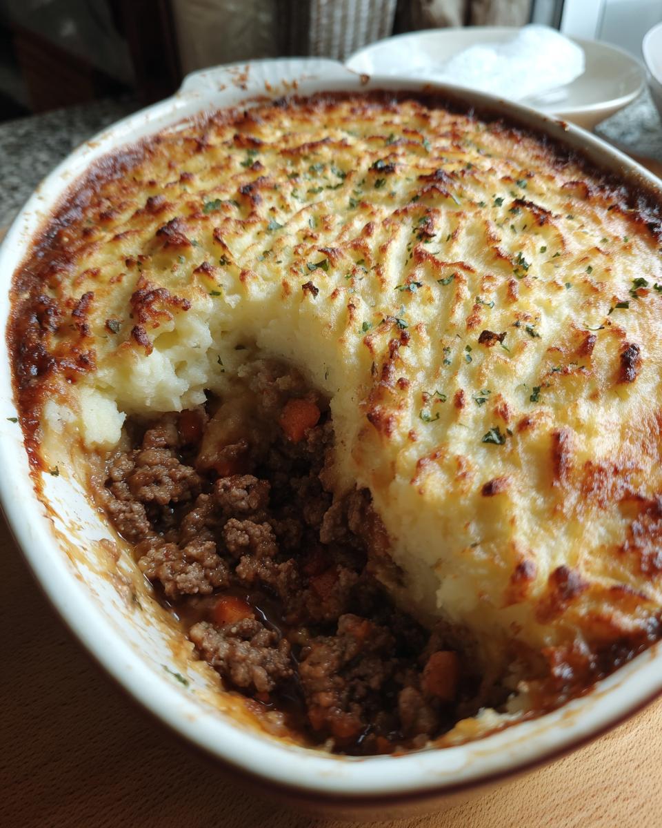 Close-up of a freshly baked cottage pie in a dish, showing the browned mashed potato topping and savory meat filling.