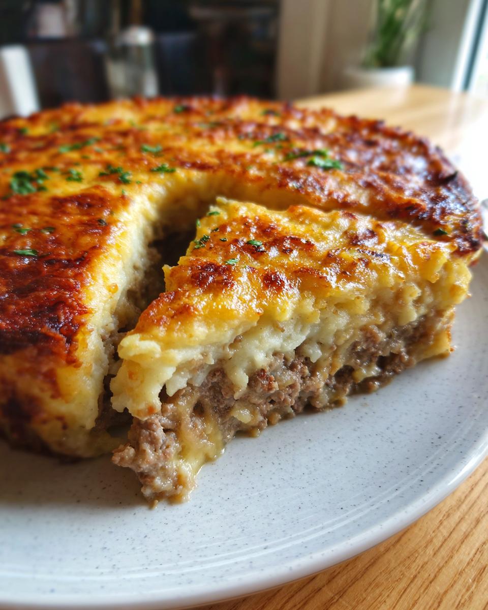 Close-up of a slice of amazing cottage pie showing the rich meat filling and golden, cheesy mashed potato topping.