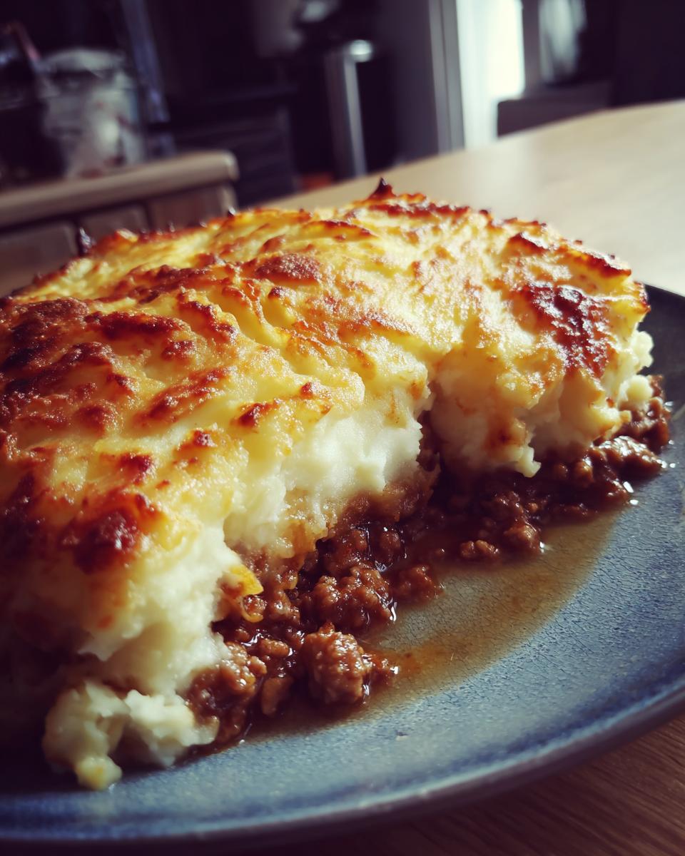 Close-up of a serving of cottage pie showing the rich meat filling and browned mashed potato topping.