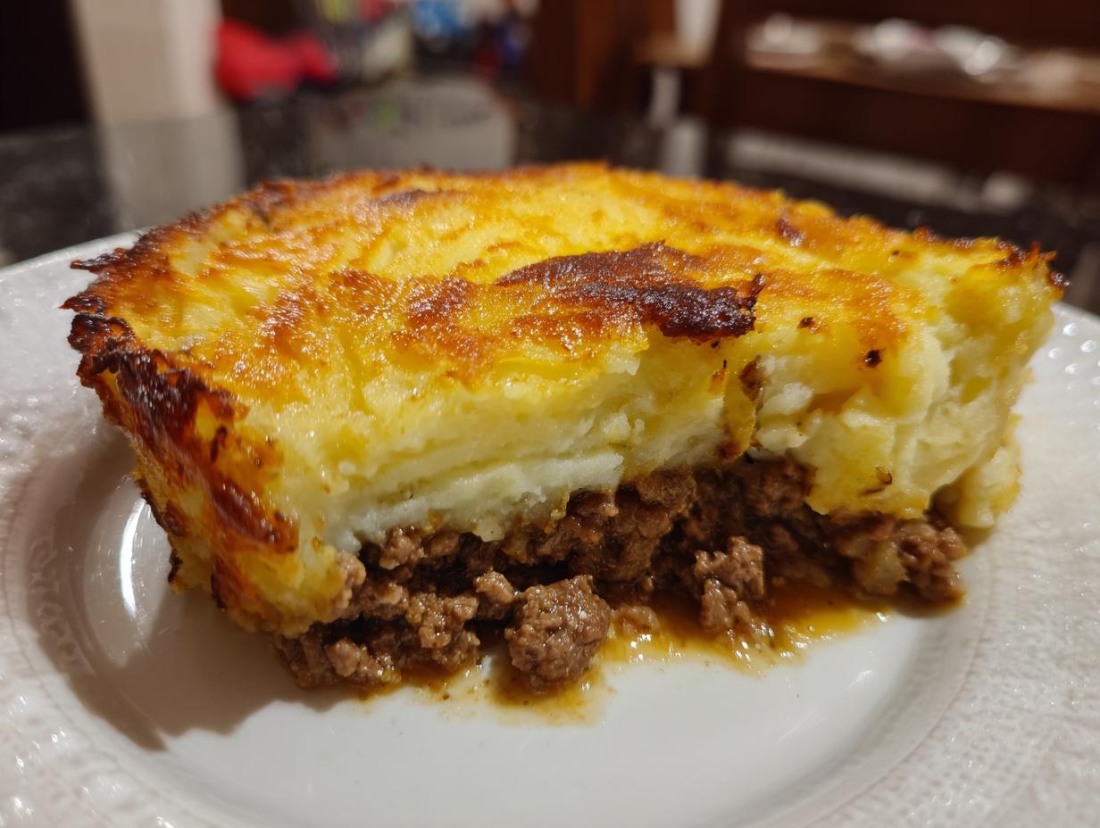 A close-up slice of homemade cottage pie showing a rich meat base and a thick, golden-brown mashed potato topping.