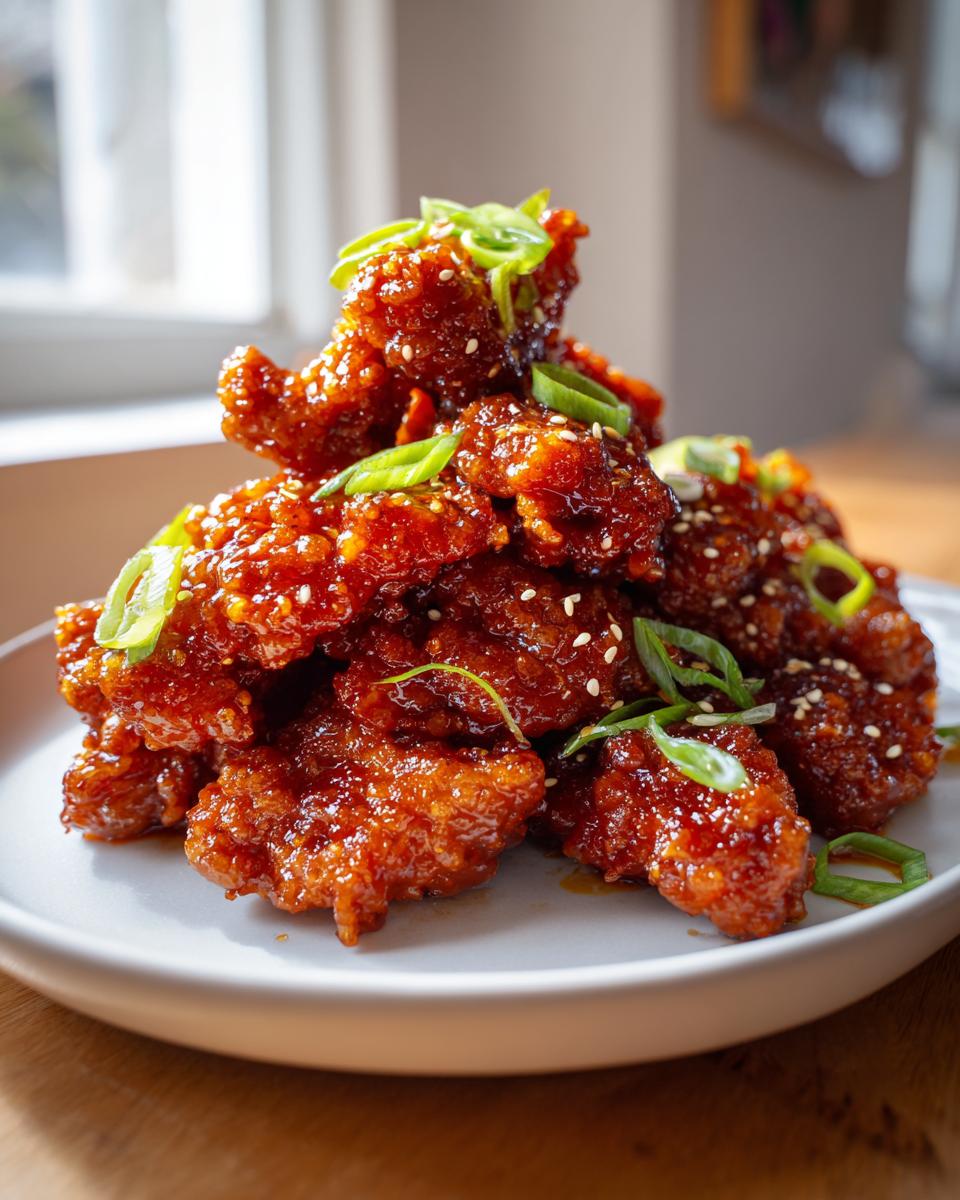 Close-up of crispy, saucy orange chicken pieces piled high and garnished with sesame seeds and green onions.