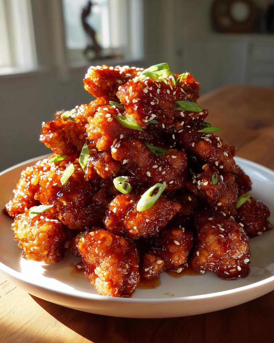A tall pile of sticky, glazed orange chicken pieces garnished with sesame seeds and green onions.