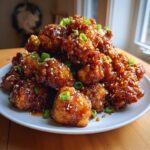 A close-up shot of a large pile of sticky, glazed orange chicken pieces, garnished with sesame seeds and chopped green onions.